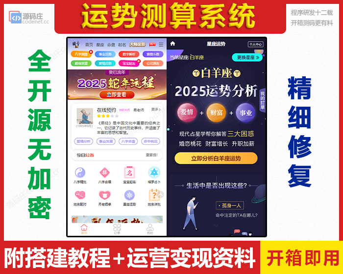 【2025蛇年】运势测算,周易生辰八字算命精批,风水起名,算财运姻缘,塔罗测算宝宝起名源码-模板二