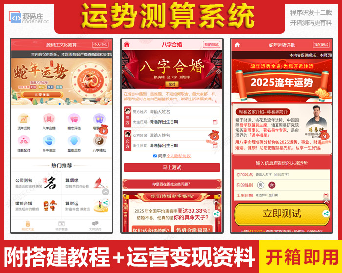 【2025蛇年】升级版运势测算系统八字算命周易风水塔罗牌手机号测吉凶宝宝起名-模板三