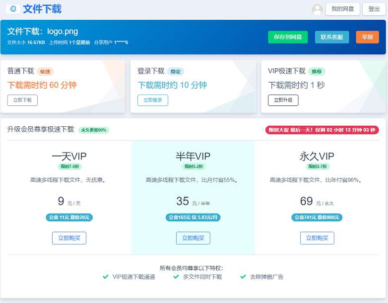 最新运营级网盘系统源码支持普通用户VIP下载限速支付功能