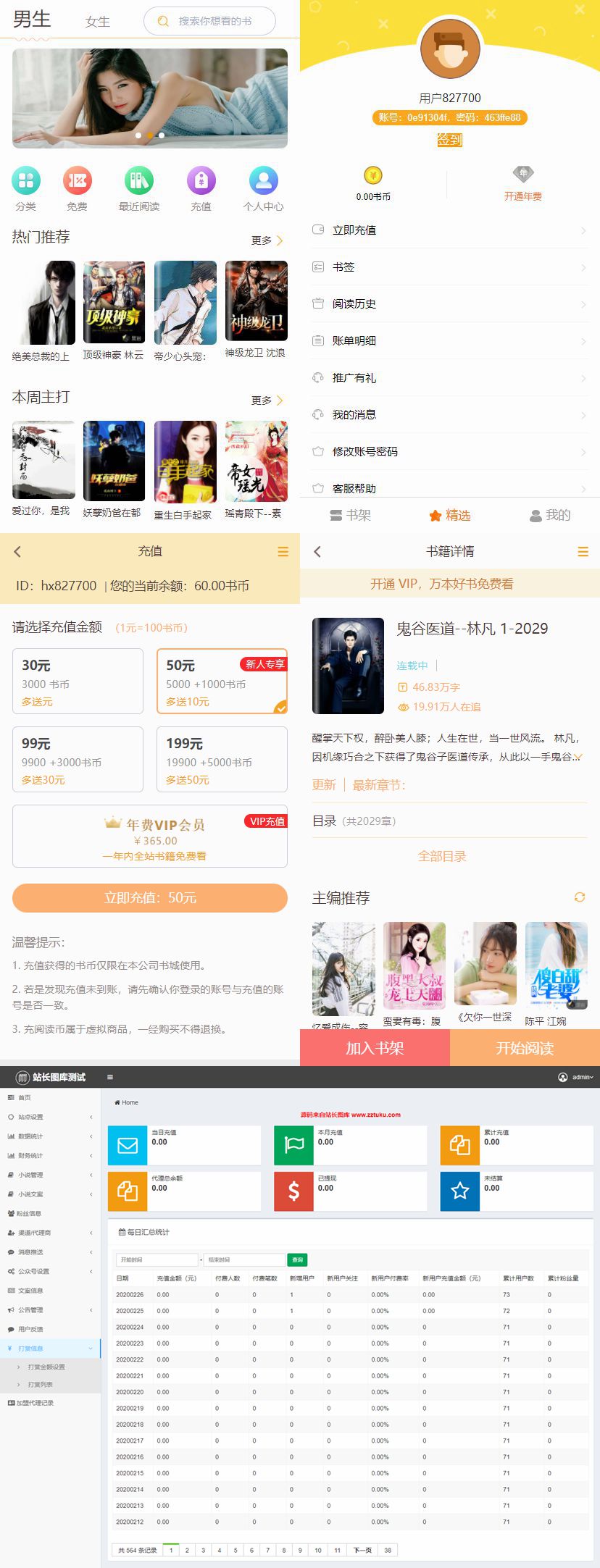 2020掌上阅读小说漫画源码/小说打赏源码 支持公众号APP打包加盟商分站代理扣量